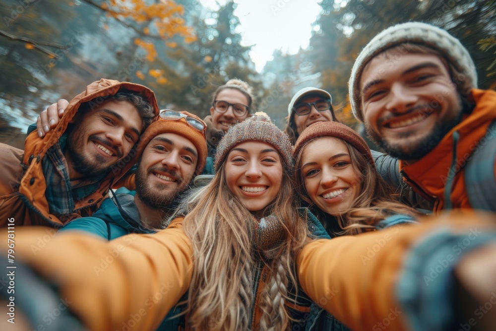 A warm group selfie with diverse happy friends surrounded by autumn leaves in a forest setting A warm group selfie with diverse happy friends surrounded by autumn leaves in a forest setting