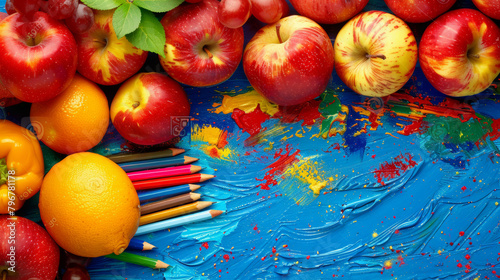 A blue background with a bunch of fruit and pencils