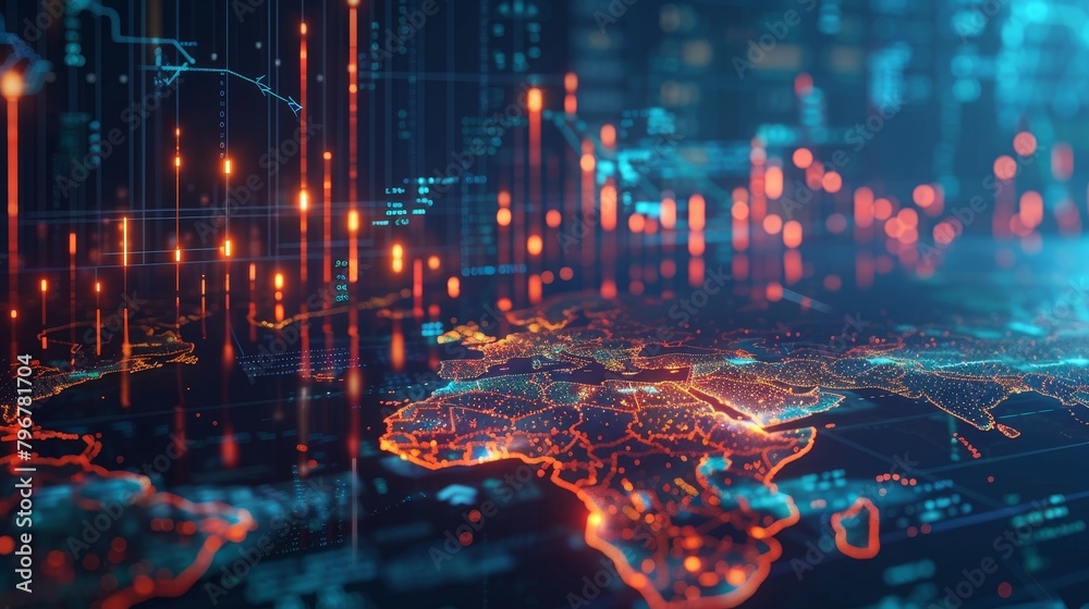 Craft a visually compelling scene illustrating the interconnectedness of global finance