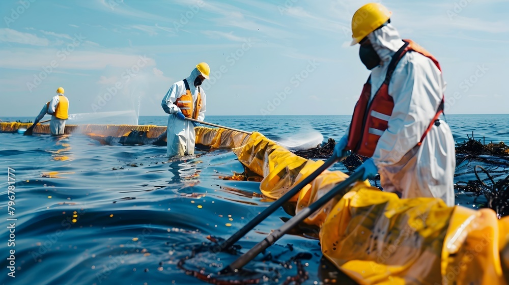 Fototapeta premium Human Response to Oil Spill: Environmental Cleanup Crew in Protective Gear