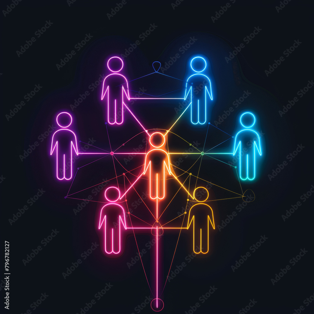 Simple vector graphic of neon connecting people icons, social network concept, isolated on black background. Simple vector graphic of neon connecting people icons, social network concept, isolated on black background.