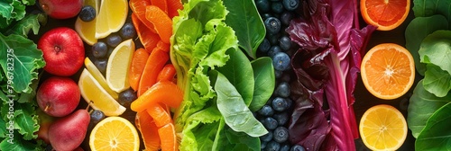 Eating Fresh Fruit. Assortment of Raw Organic Vegetables and Fruits in Rainbow Colors