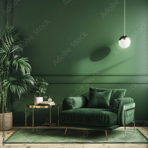 Green Interior Design. Cozy Modern Living Room with Green Sofa and Decoration on Wall Background