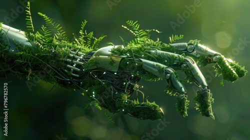 Environment Technology. Green Conceptual Design: Human Arm Covered with Nature, Robotic Hand, 3D Render