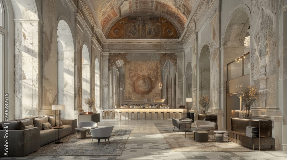With a hazy allure the impressive frescoes and intricate patterns of this defocused lobby evoke a sense of oldworld charm and refined sophistication. .