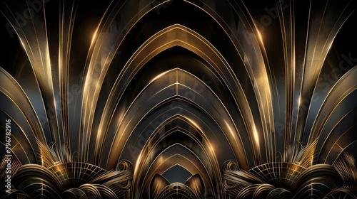 Abstract art deco. Great Gatsby 1920s geometric architecture background. Retro vintage black, gold, and silver roaring 20s texture, Generative AI