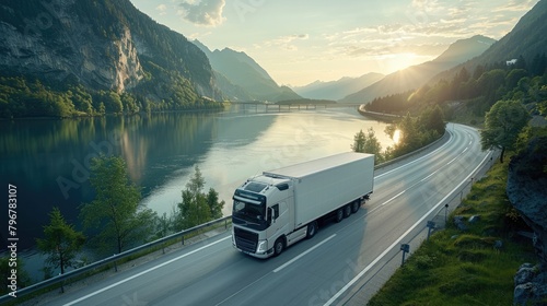 modern large white trailer driving down an empty road. Logistics company. Freight transportation. Fast delivery. Mock up photo