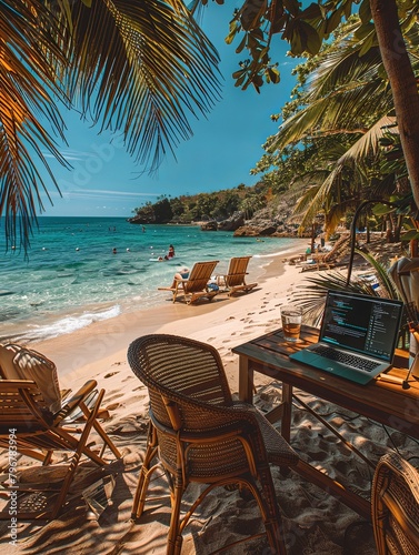 beach with lush palm trees and golden sand with laptop  work remote 