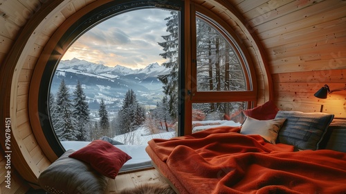 cozy sleeping hotel in the mountains during the winter. warm light coming in --ar 16:9 Job ID: 8e09c600-8045-4899-a827-1c17203ece83 © Mari
