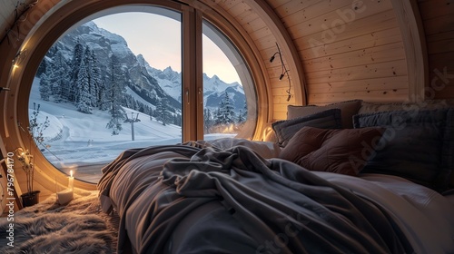 super cozy sleeping pod overlooking in the mountains during the winter 