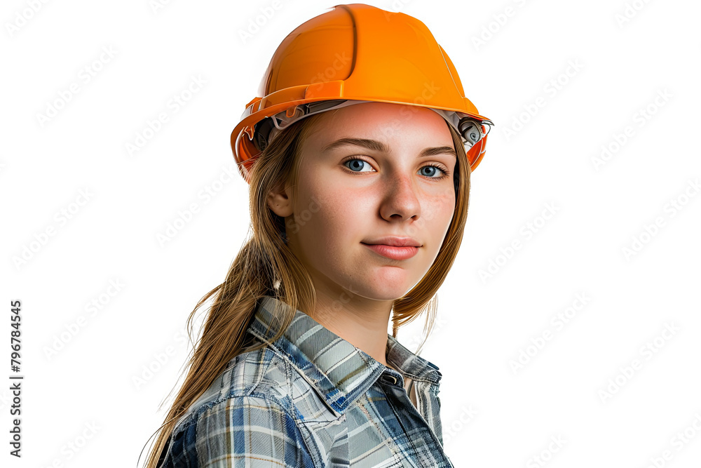 Confident Female Engineer in Orange Safety Helmet and Plaid Shirt Isolated on White Background Confident Female Engineer in Orange Safety Helmet and Plaid Shirt Isolated on White Background