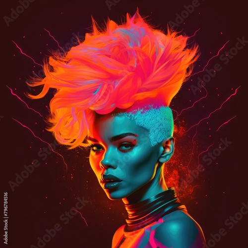 A neon-infused portrait of a person with abstract, neon shapes surrounding their head, and glowing, neon-colored hair, AI Generative