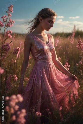 Wallpaper Mural Young charming girl in stunning pink dress on flower field Torontodigital.ca