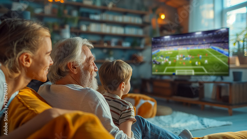 The family of fans likes to watch sports competitions on TV. Sitting comfortably on the couch, they are completely immersed in the atmosphere of the game.