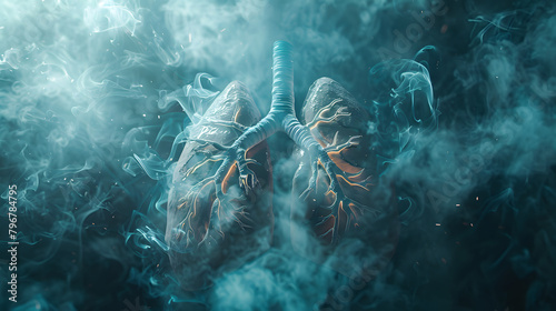 close-up shot of diseased lungs shrouded in smoke, no tobacco stop smoking anti drug day concept