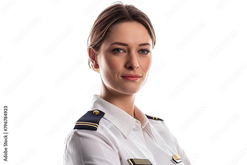 Confident Female Officer in White Uniform with Epaulettes and Arms Crossed Confident Female Officer in White Uniform with Epaulettes and Arms Crossed