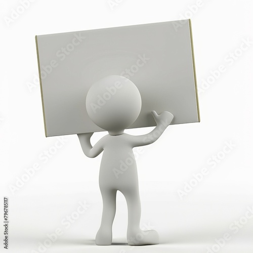 Cartoon Stick Figure with Blank Sign: 3D Render on White Background