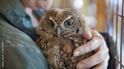 A person holding an owl in the house