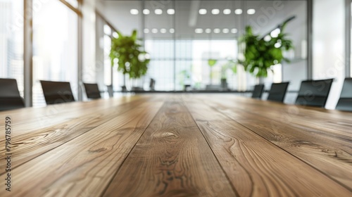 Table Office. Stunning Wood Table Top in Office Interior for Product Display or Montage