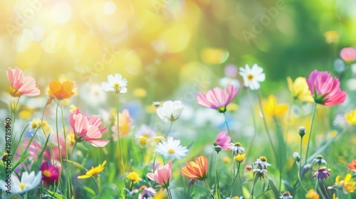 Bright Spring Flowers. Colorful Meadow Wildflowers in Vibrant Spring Landscape © AIGen