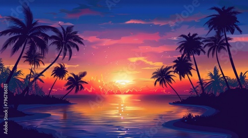 Sunset With Trees. Beautiful Palm Tree Silhouettes on Tropical Beach at Dusk photo
