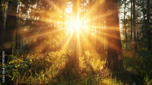 Sunlight In The Forest. Authentic Morning in Silent Forest with Bright Lens Flare