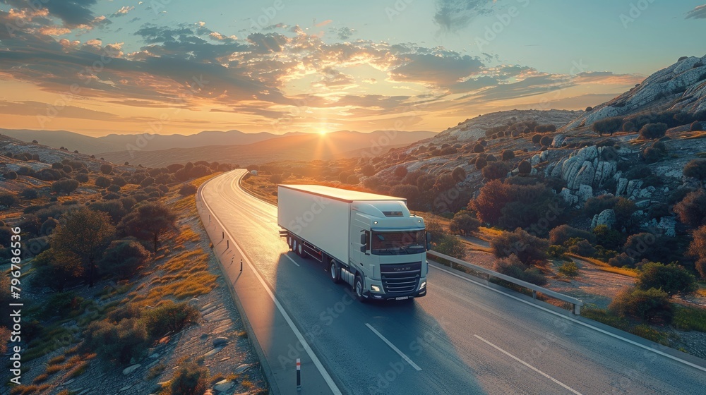 modern large white trailer driving down an empty road. Logistics company. Freight transportation. Fast delivery. Mock up