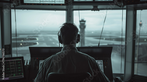 An air traffic controller man monitors plains
