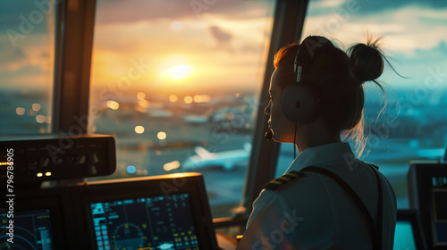 An air traffic controller woman monitors plains