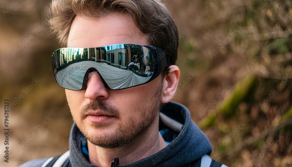 Portrait of a man looking through glasses goggles with mirror reflections Portrait of a man looking through glasses goggles with mirror reflections