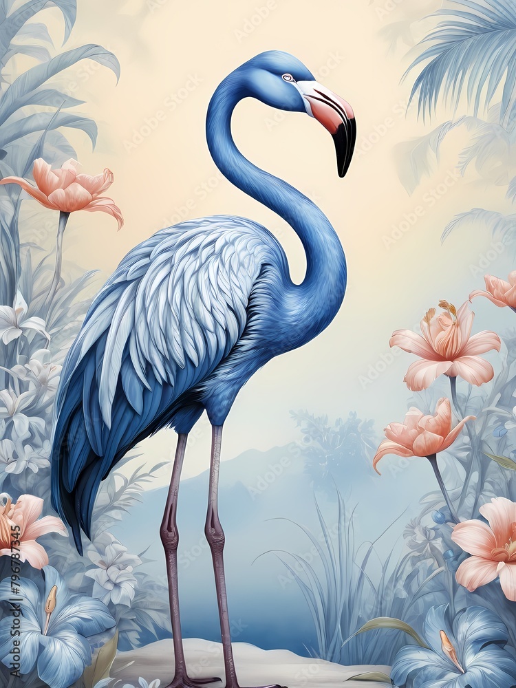 Fototapeta premium Floral blue flamingo painting generative AI illustration 