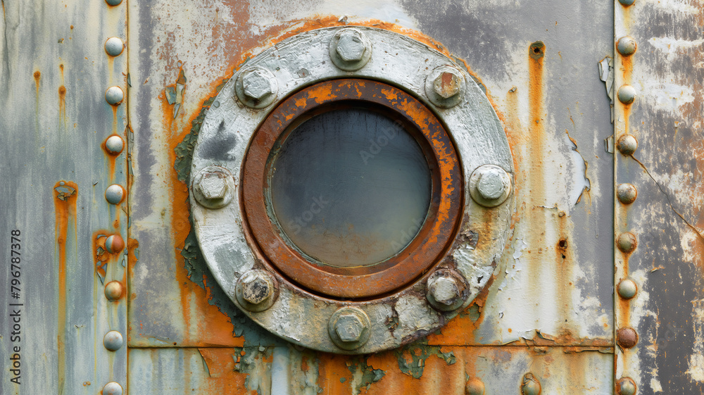 Rusty, circular ship's porthole on a corroded metal surface with peeling paint.