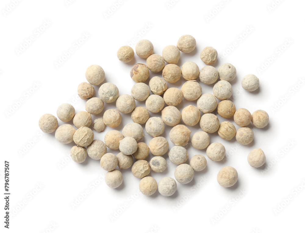 Aromatic spice. Pile of peppers isolated on white, top view Aromatic spice. Pile of peppers isolated on white, top view