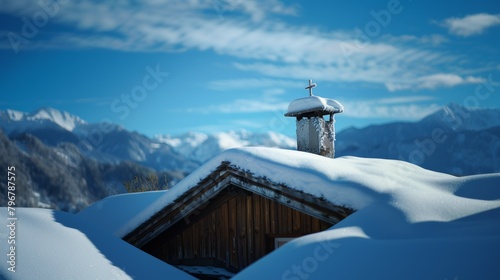 a mountain hut in the snow photo