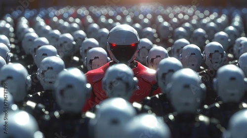 A man in a red suit surrounded by white robots, AI photo