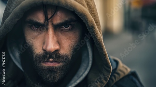 Street bandit or hooligan wearwing hood walking on the street photo