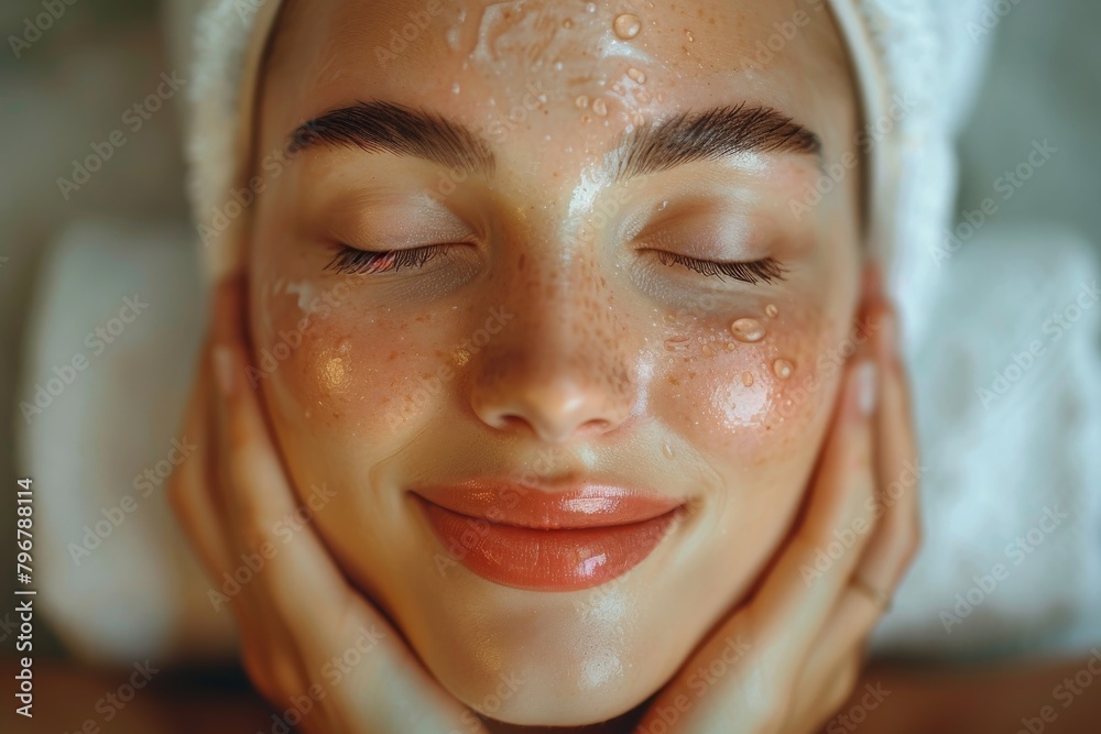 A serene woman enjoying a facial spa treatment, droplets on her face A serene woman enjoying a facial spa treatment, droplets on her face