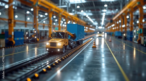 A train is driving through a factory with other trains, AI