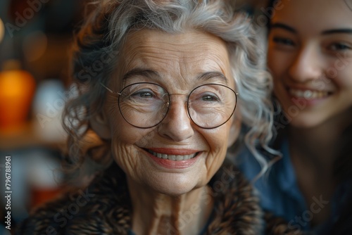 An elderly woman with wavy gray hair and glasses smiling warmly  with a youthful glance