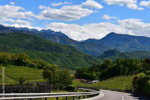 Weinberge, Berge und eine Straße bei Kaltern in Südtirol  photo