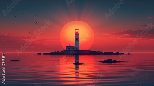 Serene lighthouse silhouette against a vibrant sunset with birds and calm sea