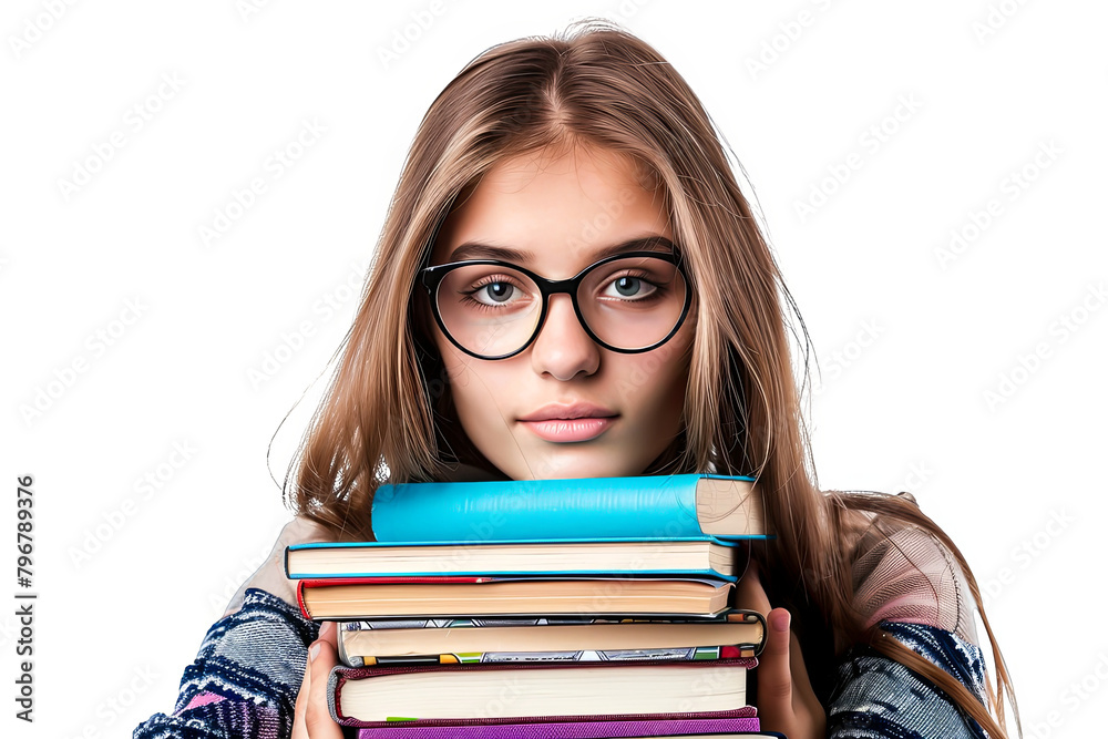Studious Young Girl with Large Eyeglasses Holding Stack of Books Isolated on White Background Studious Young Girl with Large Eyeglasses Holding Stack of Books Isolated on White Background
