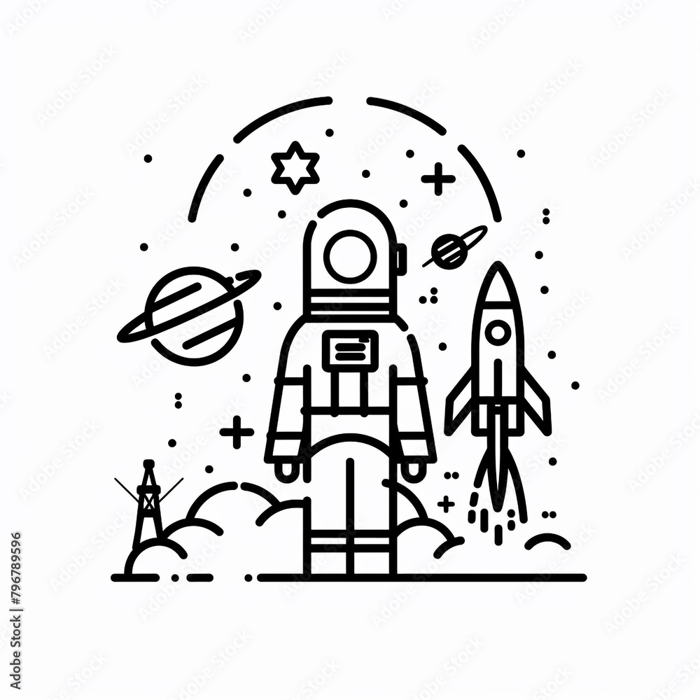 Outline icon of space exploration. Minimal black line. Isolated on white background.