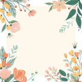 Floral frame, vector illustration with a white background and border featuring hand drawn flowers and leaves in pastel colors. The border design includes floral corner decorations drawn in a simple