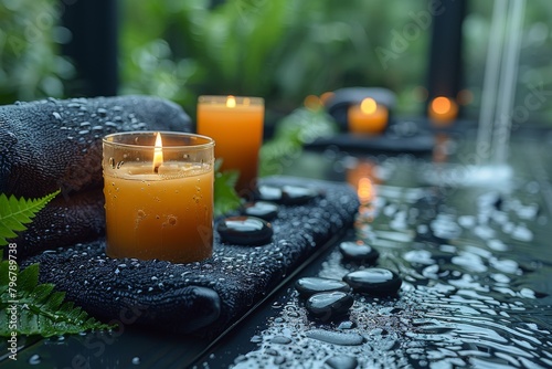 Reflective and moody image of orange candles and black stones on wet black surface for an ambient spa
