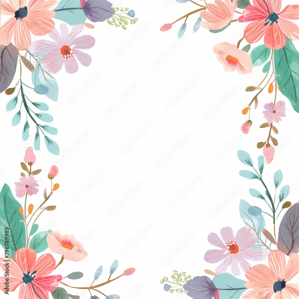 Floral frame, vector illustration with a white background and border featuring hand drawn flowers and leaves in pastel colors. The border design includes floral corner decorations drawn in a simple