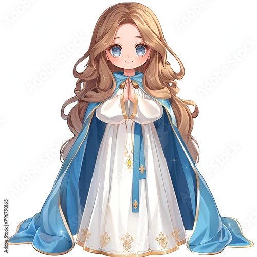 Kawaii girl with long beautiful light brown hair in blue dress 