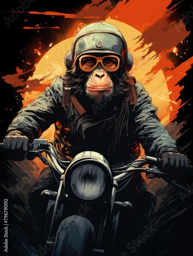 painting a cool ape riding a vintage motorcycle, with a retro helmet and leather jacket, AI Generative © arttools