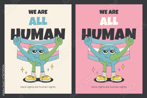 Retro 70s posters for Pride month celebration. Earth holds Transgender Pride Flag. Vector illustrations in groovy style.
