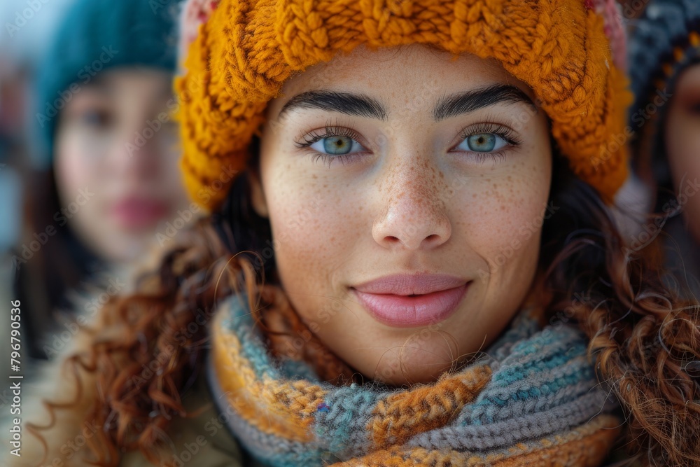 Detailed close-up of a woman with captivating hazel eyes, wearing a colorful beanie and scarf in a winter setting Detailed close-up of a woman with captivating hazel eyes, wearing a colorful beanie and scarf in a winter setting